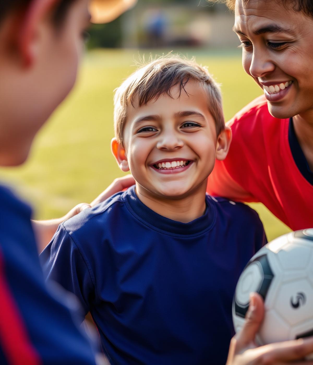 A young athlete smiling with his coach and teammate