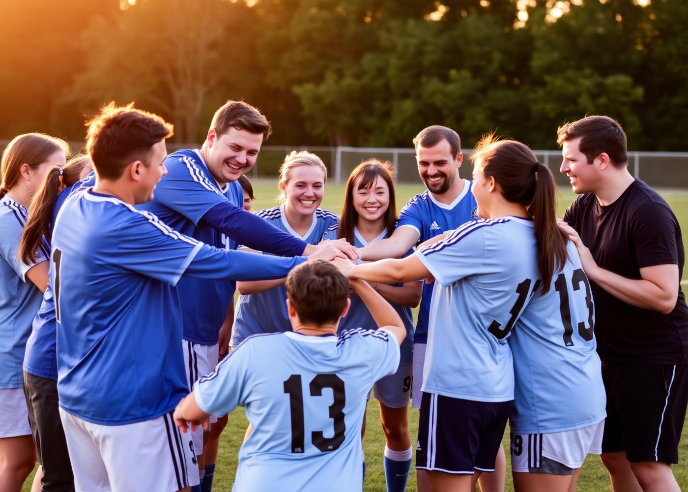 Team huddle of adaptive soccer athletes and families